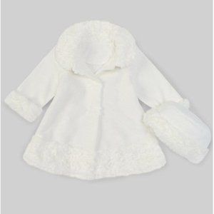 NWT Starting out white fleece and faux fur jacket with matching hat size 12M